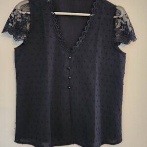 Wonens Black Blouse with Lace Cap Sleeves and stylish Buttons.  Size SP.